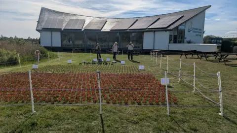 Emilie Bunkall A cordoned off area, with a display in front of a large building. The building has solar panels on it and a curved roof with white render on it. Three people are standing by the display with a child to the left. Picnic tables are to the right.