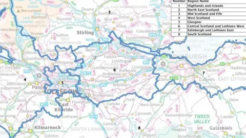 Boundaries Scotland Extract from a map of Scotland's new electoral regions - illustrating the central belt, including a new region covering West Lothian and areas including Falkirk, Airdrie and Motherwell