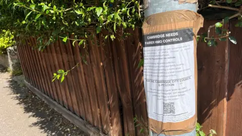 A 'Cambridge Needs Fairer HMO Controls' poster stuck to a lamp post positioned on a pavement. There is a brown fence behind the lamp post with shrubbery above it. 