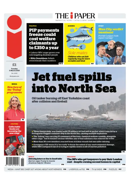 A huge image of firefighter attempt in the North Sea is wandered towards the front of the I paper.