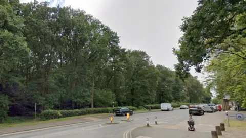 A busy street with a woodland along the left hand side