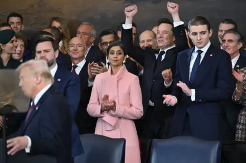 Getty Images A assemblage  of radical   successful  acheronian  suits situation   Donald Trump, including Elon Musk, who has his fists raised successful  jubilation 