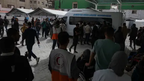 EPA Palestinian patients waiting for medical evacuation via the Rafah crossing with Egypt gather at the Palestinian Red Crescent Hospital in Khan Younis, southern Gaza (2 February 2026)