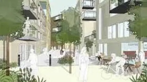 North of Lowestoft An artist's impression of part of the new development showing a walkway with trees surrounded on each side by flats with balconies