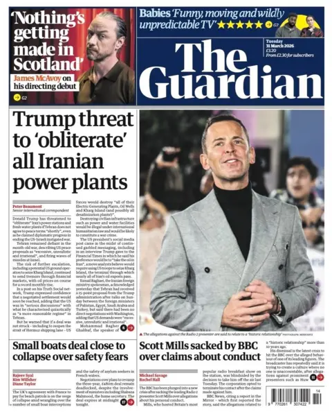The headline on the front page of the Guardian reads: “Trump threat to 'obliterate' all Iranian power plants”.