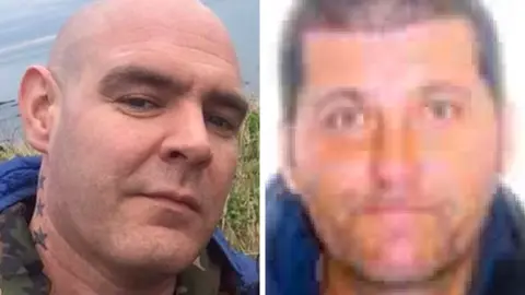 Two men side by side. They are in close up. The man on the left is bald with stars tattooed on his neck. The man on the right has dark hair.