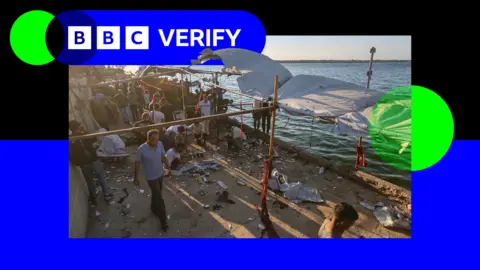 A photo from a cafe in western Gaza, following an Israeli strike, in a BBC Verify branded border.