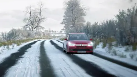 DVSA Clip showing car on snowy road in DVSA theory test