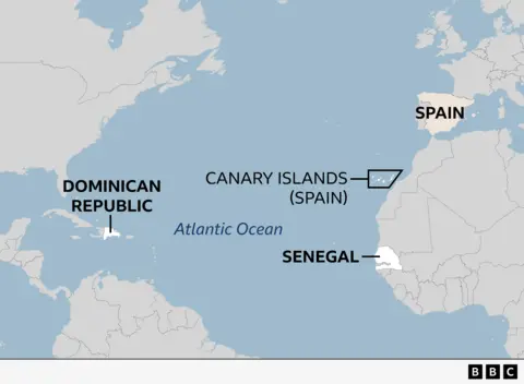 Map showing Senegal, Canary Islands and Dominican Republic. Migrants were trying to reach the Canary Islands from Senegal, but they got lost. Later their boat  was discovered off the coast of the Dominican Republic.