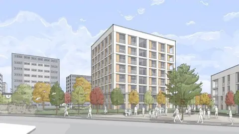 Wheatley Homes Artists impression of redevelopment with eight-storey blocks of flats and tree lined areas