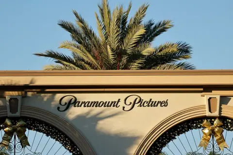 The Paramount Pictures logo is displayed at Paramount Studios in Los Angeles, California. 