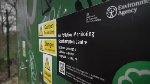 A general, close up picture of the Air Pollution Monitoring Southampton Centre in Brintons Road, a green metallic box on a roadside.