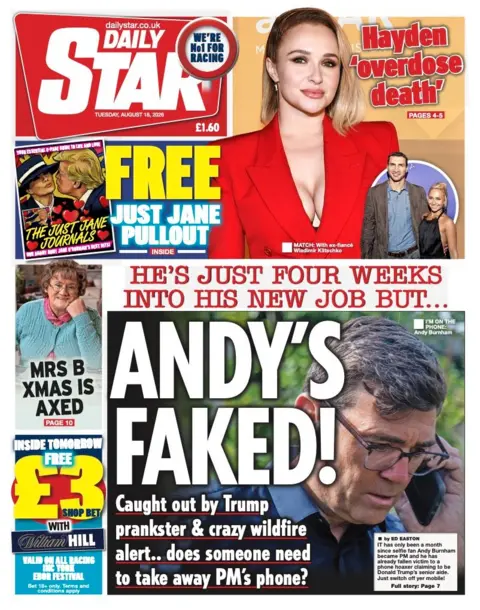 The headline on the front page of the Daily Star reads: "Andy's faked!"
