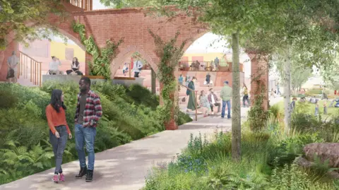 Counter Context A computer-generated image of a new park with bricked archways and people relaxing on a raised seating area. Two people can be seen walking along a garden path with shrubs and trees.