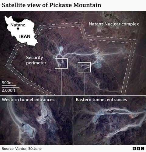 A animated graphic showing a satellite view of the Pickaxe Mountain site with a security perimeter highlighted as well as four tunnel entrances, two on the western side of the site and two on the eastern side.
