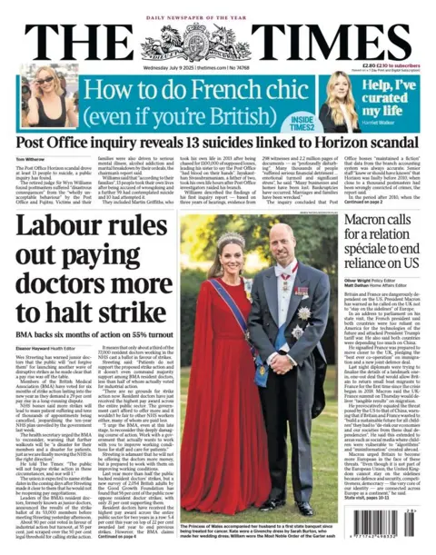 "Labour rules out paying doctors more to halt strike," is the headline on the front page of the Times