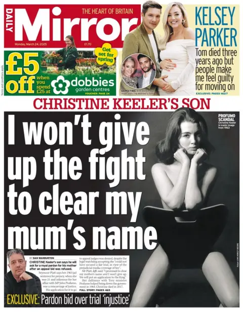 The front page of the Daily Mirror shows a picture of model Christine Keeler, looking mostly nude, apart from a conveniently positioned chair that is covering up parts of her body. The headline reads: I won't give up the fight to clear my mum's name.