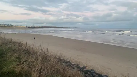 Looking north up Cambois beach towards the Wansbeck estuary. The tide is quite far out and there is a lone man walking with his dog.