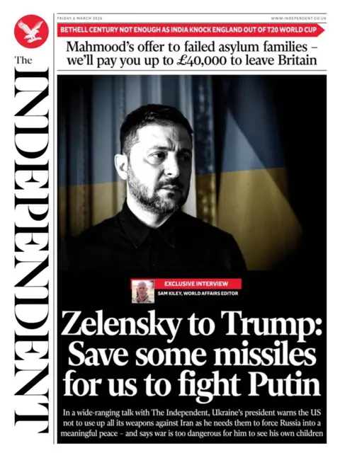 The headline on the front page of the Independent reads: “Zelensky to Trump: Save us some missiles to fight Putin”.