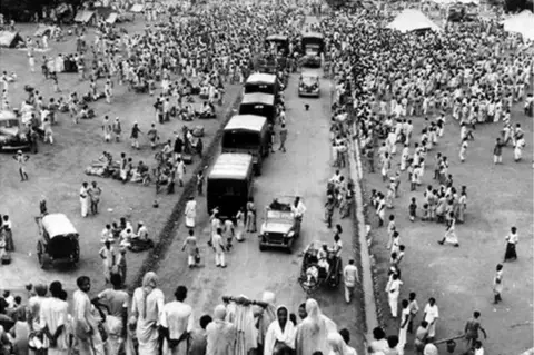 Getty Images In September, 1947, Muslims gather as they as they seek protected transport to Pakistan (