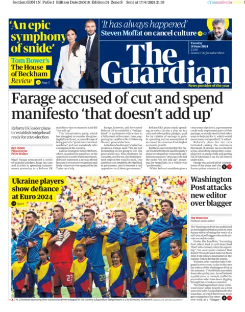 The Guardian The front page of The Guardian, which includes a picture of Ukrainian footballers draped in their national flag and a lead story about Reform UK's Nigel Farage