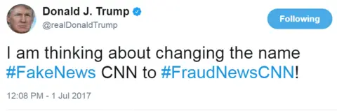 @realDonaldTrump/Twitter Donald Trump writes: "I am thinking about changing the name #FakeNews CNN to #FraudNewsCNN!"