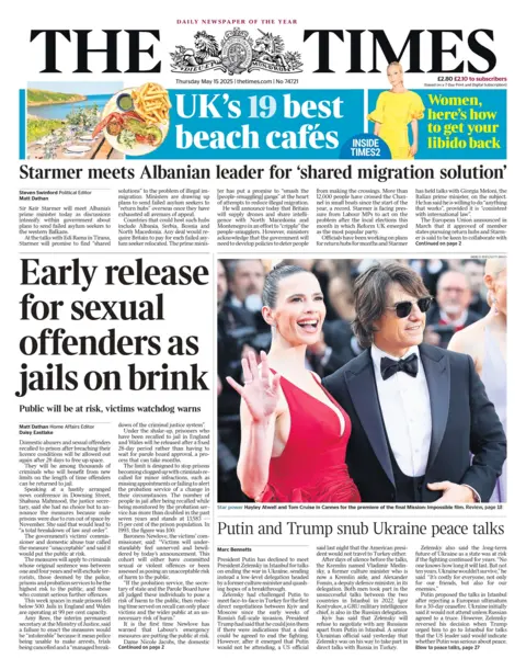 The headline on the front page of The Times reads: "Early release for sexual offenders as jails on brink". 