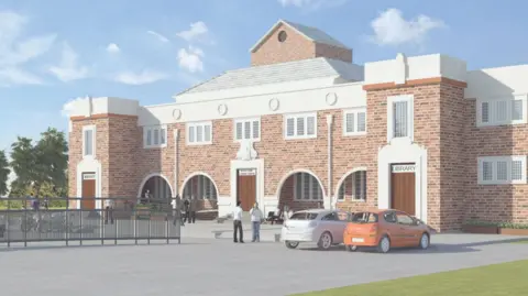 A computer generated image of how the Heath Town Baths development could look, showing a brick building with two cars parked outside.