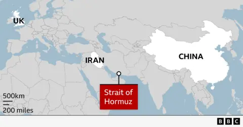 A graphic showing the Strait of Hormuz in the Middle East