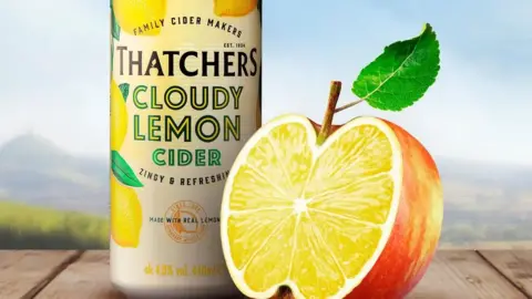 A can of Thatcher's Thatcher's Cloudy Lemon Cider, with its pale yellow can and lemon on the packaging. It's next to an apple cut in half so we can see its cross-section. They are sitting at a wooden table with the hazy landscape of Somerset in the background.