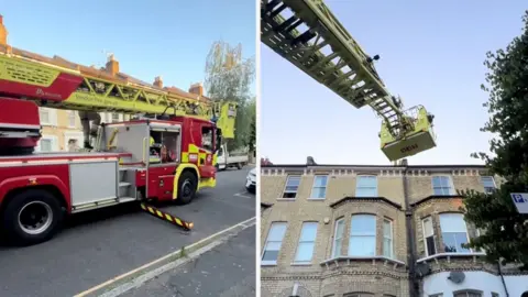 Left: A red fire engine in an urban street. Right: Firefighters on a aerial ladder approaching a window
