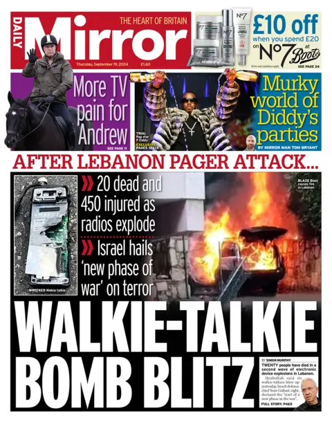 "Walkie-talkie weaponry  blitz" headlines the Daily Mirror