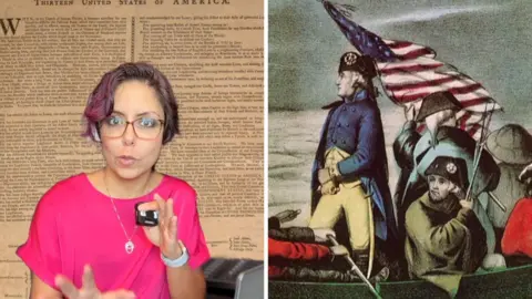 Left, a woman in a pink shirt before the declaration of independence. Right, a painting of George Washington in a boat.