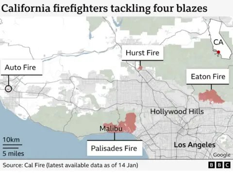 A map of California shows the location of four wildfires: Auto, Hurst, Eaton and Palisades. Nearby or affected areas including Malibu and the Hollywood Hills are included