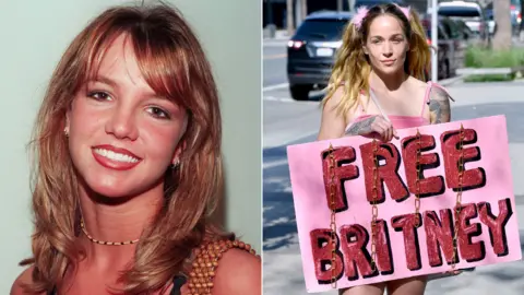 Getty Images Britney Spears and a Free Britney campaigner