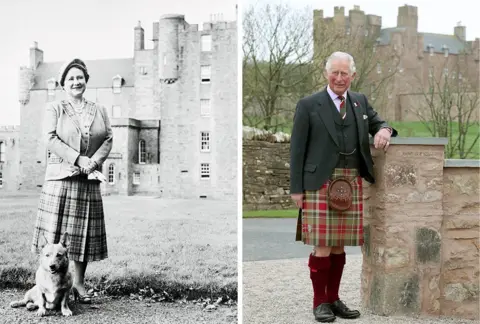 Getty Images/Alamy The Queen Mother pictured with her corgi Honey at the Castle of Mey in 1957 / Prince Charles visited the castle in 2019