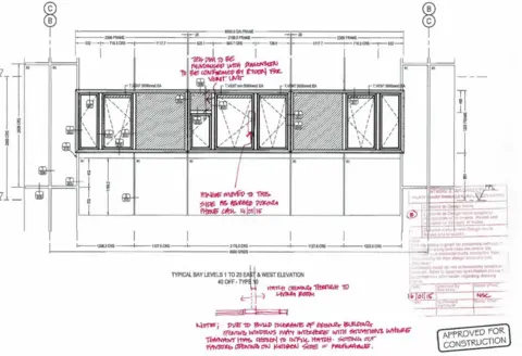 Studio E Plan showing window layout and architect's comments