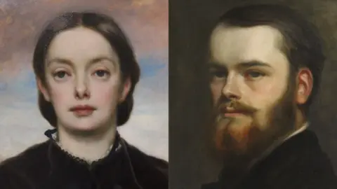 Private Collection Two painted head-and-shoulders portraits shown side by side: on the left, a woman with smooth features and dark hair pulled back, facing forward; on the right, a man with short dark hair and a full beard, turned slightly to one side against a darker background.