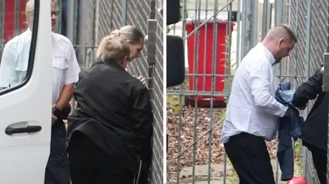A composite image of Kerry Ives on the left walking into a brick building, escorted by a woman and a man. She has blond hair and is mainly obscured other than her face by the woman in front of her. On the right is Michael Ives who is wearing a white shirt and black trousers. He is holding a jacket and has short grey hair.