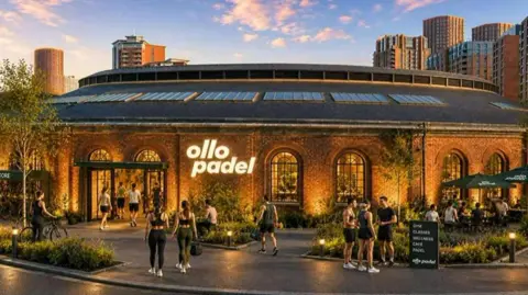 An architectural rendering of a sports and leisure venue called "ollo padel." The focal point of the image is a large circular red-brick building with a distinctive round roof. The roof features several long skylights, and a raised central section runs around the circumference of the structure. Illuminated signage on the front of the building displays the name "ollo padel" in large white letters.