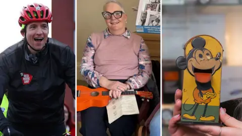 A composite image of three separate photos. On the left, Radio 1's Greg James clad in a black jacket and a cycling helmet. In the middle, a woman with grey hair and thick black-rimmed glasses sits with a ukulele on her lap. On the right an oblong money box featuring the image of Mickey Mouse is held aloft.