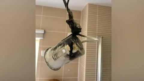 Liz Odell A burnt-out bathroom downlight hanging from a ceiling in Liz Odell's Bathroom. The wires are blackened and scorched.