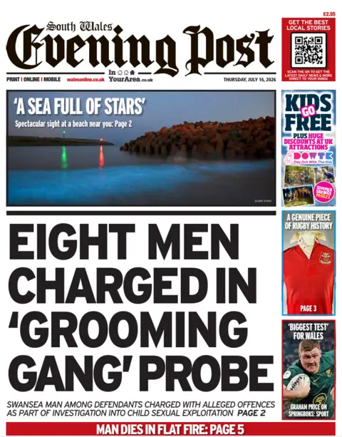South Wales Evening Post South Wales Evening Post front page: Eight men charged in 'grooming gang' probe. Above is a photo of the sea with bioluminescence and with the headline "A sea full of stars"