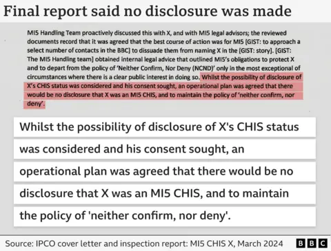 Graphic showing an extract from an IPCO cover letter and inspection report about MI5 and the covert human intelligence source X, dated March 2024, with a passage highlighted saying: 