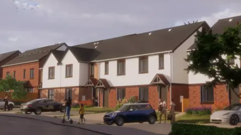 A CGI image of what the new housing development would look like. Terraced homes line a street with a few cars parked on drives and people outside their homes in a Stepford style beloved of graphic designers when depicting new developments. The sky is realistically cloudy, however.