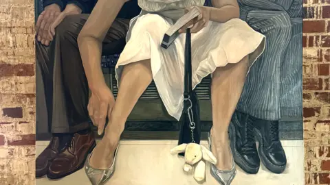 A painting of a woman sat on a tube who has spread her legs wide. She is encroaching on two men sat beside her who have angled their legs away from her.