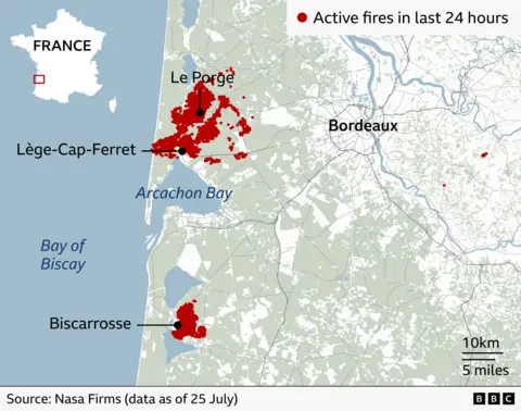 Map of south-west France showing active wildfires recorded in the last 24 hours. Large clusters of red dots mark fire activity around Arcachon Bay, concentrated between Lège-Cap-Ferret and Le Porge on the Atlantic coast. A second sizeable cluster is located near Biscarrosse to the south. Smaller isolated fire detections appear east of Bordeaux. Bordeaux is labelled inland to the east, while Arcachon Bay and the Bay of Biscay are labelled in blue along the coastline. An inset map of France in the top left highlights the location of the affected area. Source: NASA FIRMS data as of 25 July.