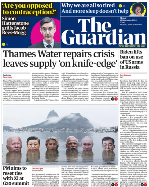 Guardian headlines "Thames Water repairs situation  leaves proviso   'on knife-edge'"