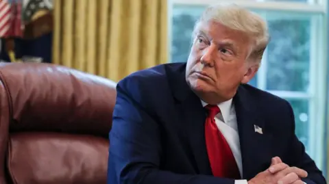 Getty Images file image of Donald Trump in the Oval Office of the White House. He wears a dark blue suit and a blue tie with an American flag on the lapel. He looks to the right and appears to be sitting behind the Resolute Desk. 