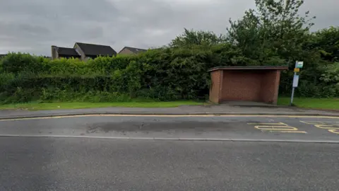 Google Road with bus lane sign written on it. There is a brick shelter bus stop and hedges behind. 